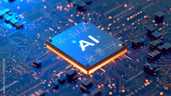 Fototapeta powerful computer processor microchip with the word representing artificial intelligence, AI technology