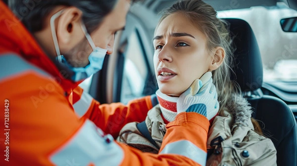 Fototapeta Installation of a cervical collar after a serious automobile accident. Providing first aid.
