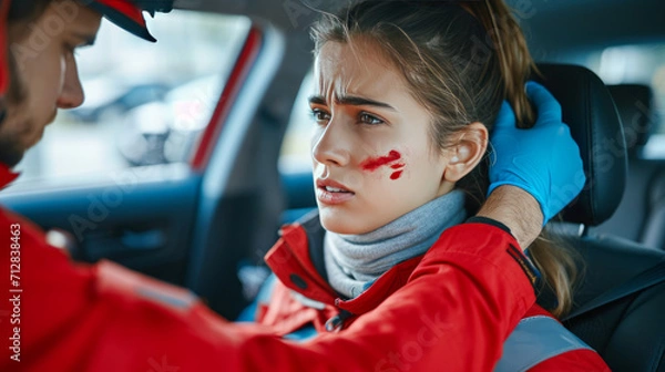 Fototapeta Installation of a cervical collar after a serious automobile accident. Providing first aid.