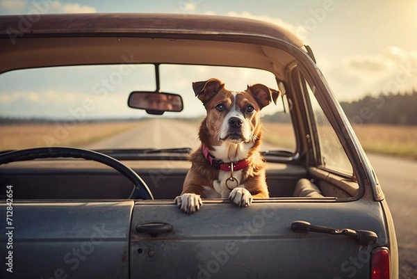 Obraz A dog sitting in a car looks back and misses its owner.