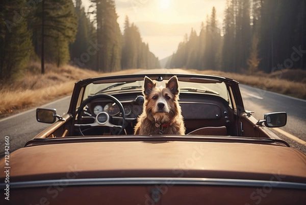 Obraz A dog sitting in a car looks back and misses its owner.