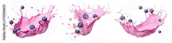 Fototapeta pink milkshake splash with blueberries set isolated on transparent background - design element PNG cutout collection