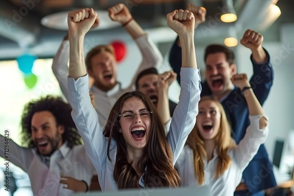 Fototapeta A business team with raised fists celebrating a milestone, highlighting workplace enthusiasm and achievement
