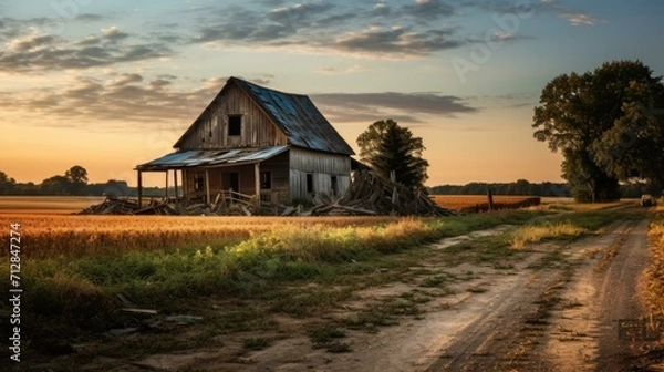 Obraz An old abandoned house sits in the middle of a field. Generative AI.