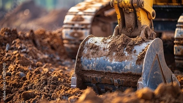 Fototapeta Backhoe working by digging soil at construction site. Crawler excavator digging on soil. Excavation vehicle.