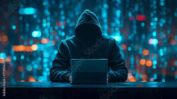 Fototapeta In a digital underworld, a hooded hacker navigates a dark interface. Spy anonymity, fraud security, and a laptop silhouette converge in a captivating vector illustration.
