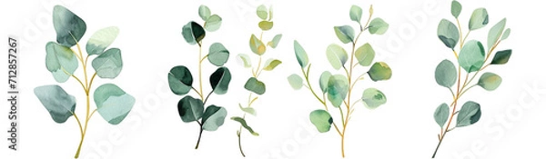 Fototapeta Eucalyptus branches with varying leaf arrangements, isolated on a white background