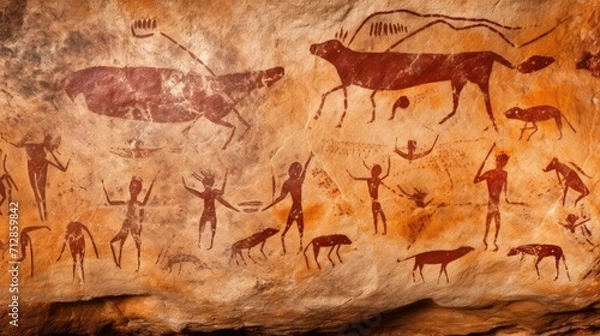 Fototapeta Zoomedin image of ancient cave paintings depicting early forms of symbolic communication, illustrating the gradual evolution of language from visual to oral.