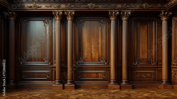Fototapeta Experience timeless elegance: Classic premium wood paneling wall, meticulously crafted with a frame and column pattern. Extra-wide format for a luxurious touch.