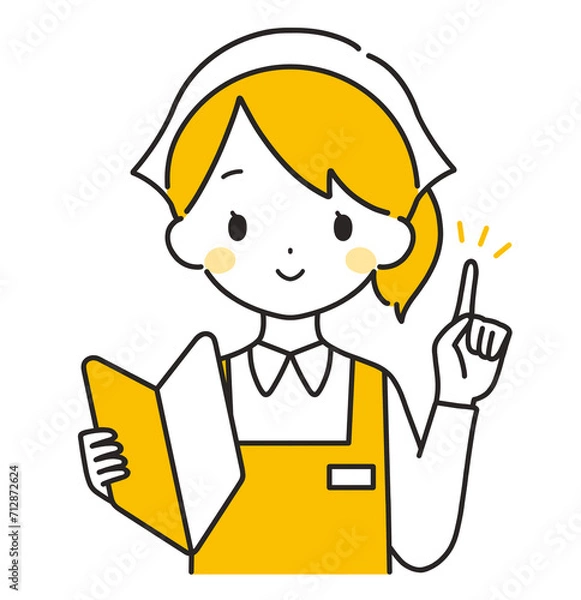 Fototapeta オレンジ色｜初心者マークを持つ三角巾の女性店員｜エプロン