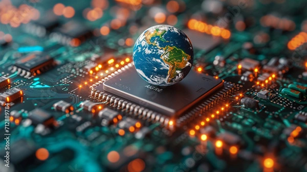 Fototapeta A vivid portrayal of the active world trade and the bustling global electronics market. Diverse elements symbolize the interconnected networks shaping the modern world economy.