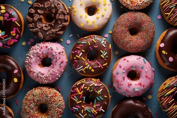 Fototapeta Appetizing donuts with various toppings, top view