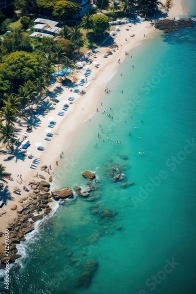 Fototapeta Aerial shot of a tropical beach with waves crashing on sandy shore