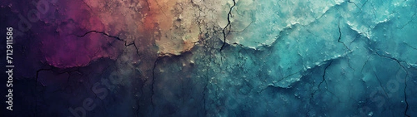 Obraz A vibrant abstract painting featuring a cracked surface with turquoise hues and colorful cracks, evoking a sense of chaos and beauty in the imperfections