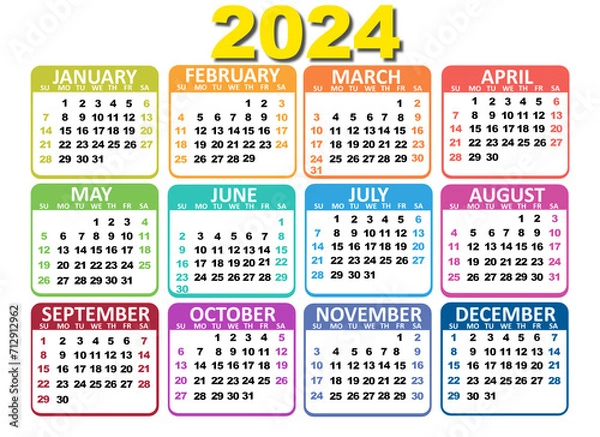 Fototapeta 2024 color calendar set. calendar for 2024. Week start on Monday. January, February, march, April, may June, July, august September, October, November, December isolated on a white background