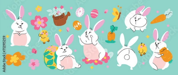 Fototapeta Cute rabbit and easter element vector set. Hand drawn fluffy rabbit, easter egg, spring flowers, carrot, chick. Collection of doodle bunny and adorable design for decorative, card, kids, sticker.