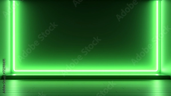 Fototapeta Professional 3D Studio Interior: Green Screen with Neon Frame, Expert Lighting Setup for Photo and Video Shoots, Ideal Template for Advertising and Production, Featuring Vibrant Green Screen and Neon 