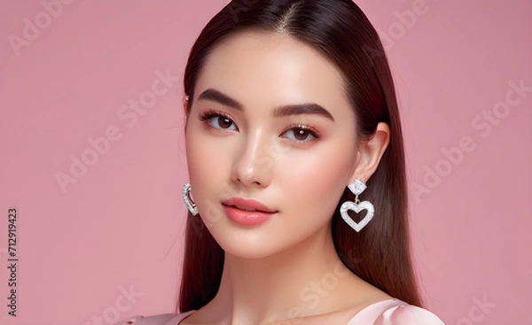 Fototapeta Valentine's Day, a Pretty young Woman, simple small Diamond earring, soft pink background. Generative AI