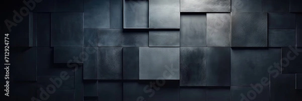 Fototapeta abstract 3d squares black background,   a black wall of tiles illuminated by sunlight in a hallway, 