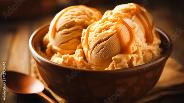 Fototapeta お皿に盛り付けたキャラメルソースのアイスクリーム