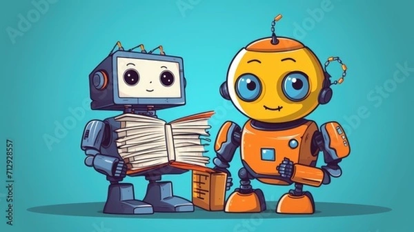 Fototapeta Voice controlled robotic home librarians for book organization solid color background