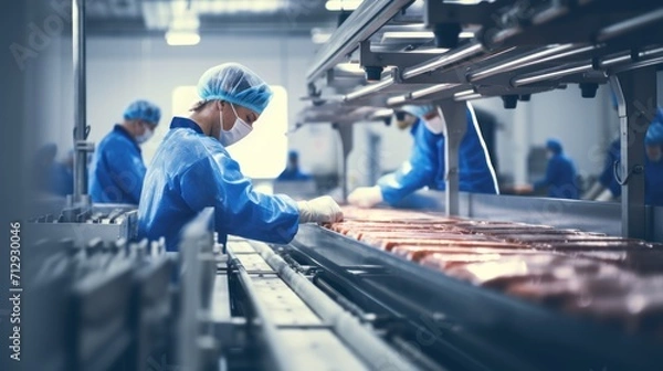 Fototapeta Production line in the food factory.Factory for the production of food from meat.Industrial equipment at a meat factory.Automated production line in modern food factory.People working.