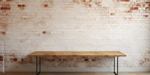 Fototapeta Ideal for showcasing products, with unfurnished table and backdrop of brick wall.