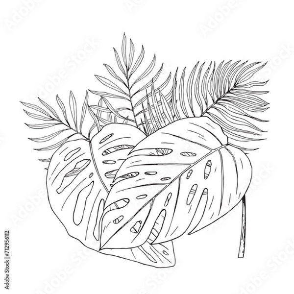 Obraz Vector composition with exotic leaves. Hand drawn illustration converted to vector. For printing on textiles, packaging, wallpaper, cards.
