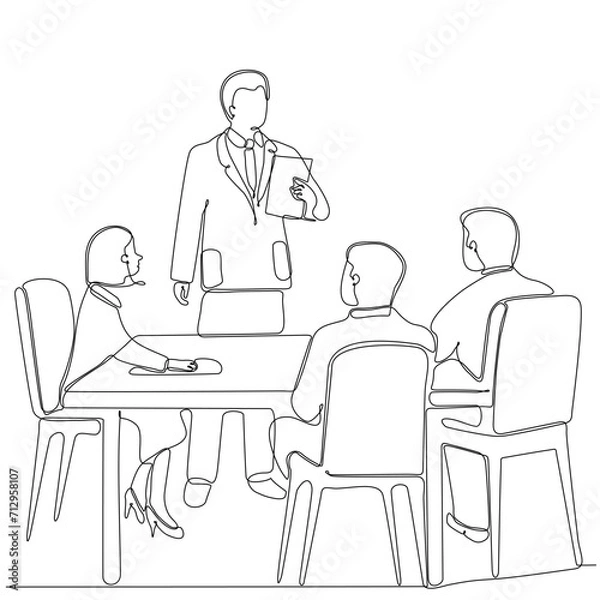 Fototapeta Continuous line drawing of group of business people discussing in conference room. Creative business team brainstorming over new project isolated on white background