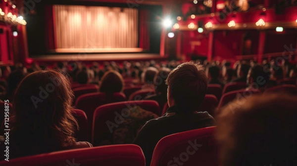 Fototapeta Audience is seated in a cinema with a focus on the back of their heads, looking towards a blank movie screen with red seats and atmospheric lighting.