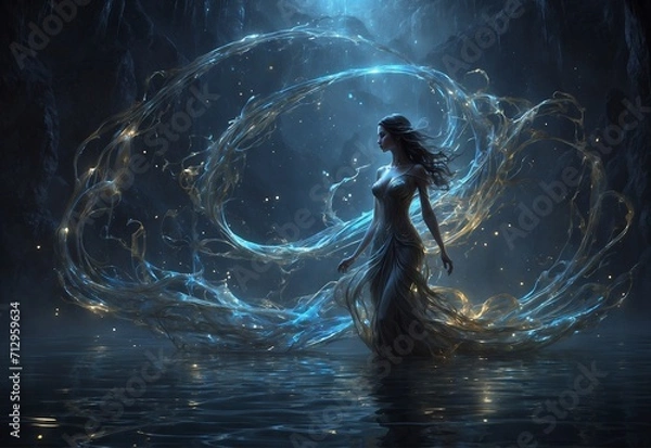 Fototapeta In the enigmatic world of a game's concept art, an ethereal bioluminescent traveler emerges from the depths of a cryptic void.