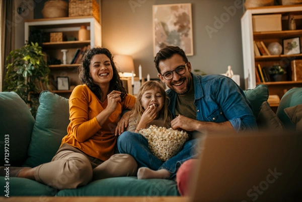 Obraz The joy of togetherness as a mom, dad, and daughter share a movie and popcorn in their living room