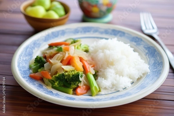 Fototapeta plate of steamed vegetable medley with rice on the side