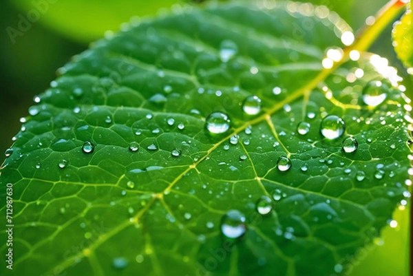 Fototapeta Extreme macro of large beautiful drops of transparent rain water on a green leaf, drops of dew