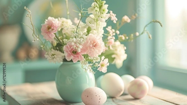 Fototapeta some flowers sitting on a table next to eggs