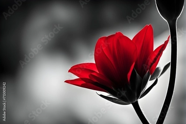 Fototapeta Striking red flower blooms in a captivating contrast against a timeless black and white backdrop, a vivid splash in monochrome elegance.