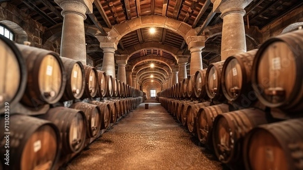 Fototapeta Aged Wine Barrels Stacked in Historic Stone Cellar with Arched Ceiling