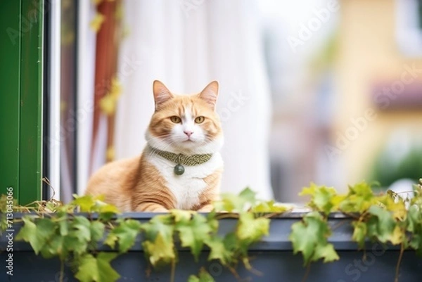 Fototapeta a cat sitting on a cottage window sill surrounded by ivy