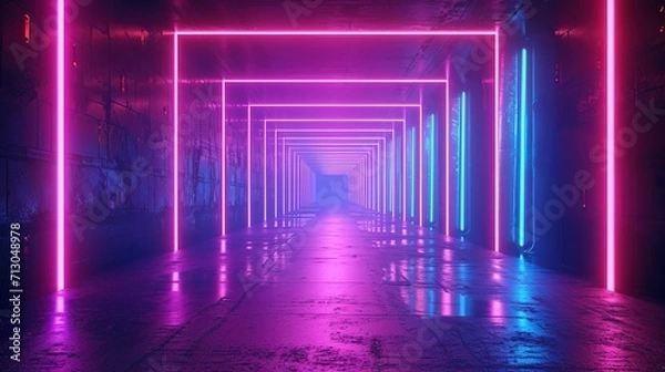 Fototapeta Abstract neon ultraviolet background, 3d render. Interior of  nightclub,tunnel,corridor with concrete walls.Modern laser sci-fi room, visual cyber space, music background. 