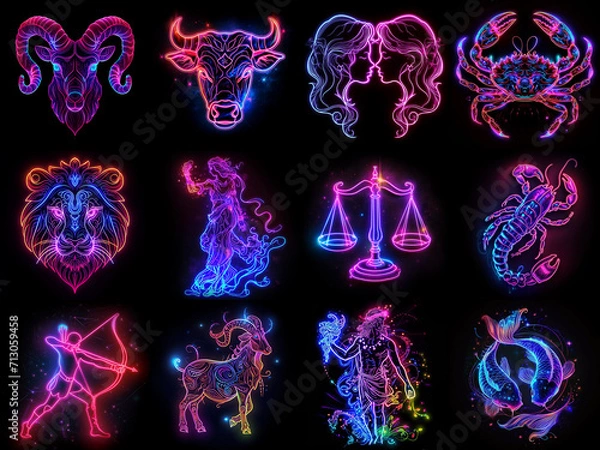 Fototapeta Set of zodiac signs icons. Aries, Leo, Gemini, Taurus, Scorpio, Aquarius, Pisces, Sagittarius, libra, Virgo, Capricorn, and Cancer. Neon style.
