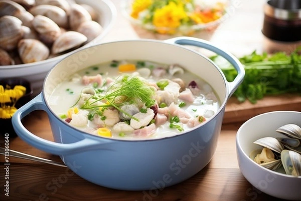 Fototapeta clam chowder in a pot surrounded by fresh clams