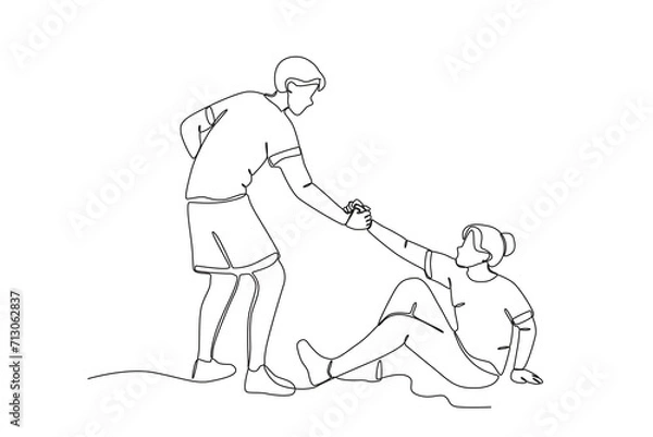 Fototapeta One continuous line drawing of Help a friend who has fallen. Single line draw vector graphic design illustration.
