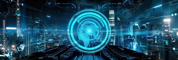 Fototapeta A high-tech holographic display overlays a night cityscape, symbolizing game-changing innovation