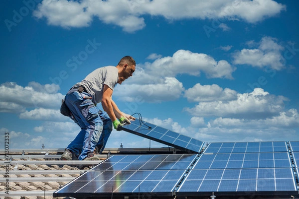 Fototapeta Installing solar photovoltaic panel system. Solar panel technician installing solar panels on roof. Alternative energy ecological concept.