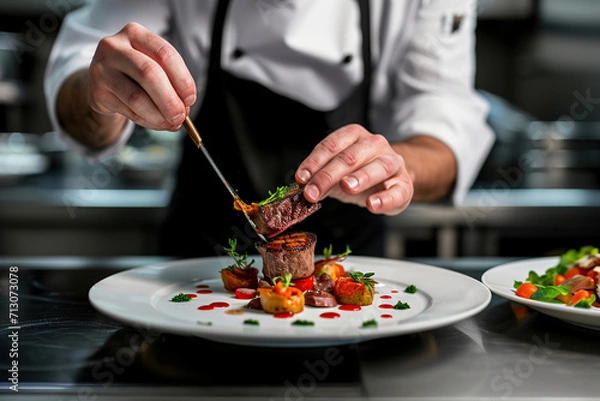 Fototapeta close up horizontal image of a fine dining chef finishing to decorate a fancy beef dish AI generated