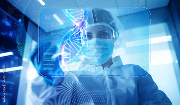 Fototapeta Medical technology with professional physician or doctor and hologram interactive screen.Gene dna editing.neurology research.innovation science and physics