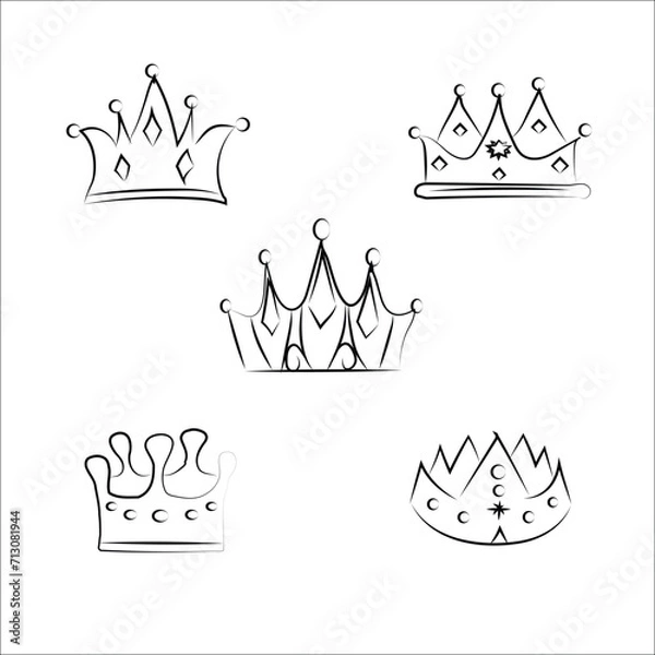 Fototapeta Hand drawn doodle crowns. King crown sketches, majestic tiara, king and queen royal diadems. Line art prince and princess luxurious head accessories