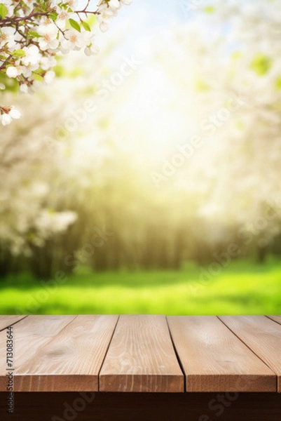 Obraz Wooden table spring nature bokeh background, empty wood desk product display mockup with green park sunny blurry abstract garden backdrop landscape ads showcase presentation. Mock up, copy space.