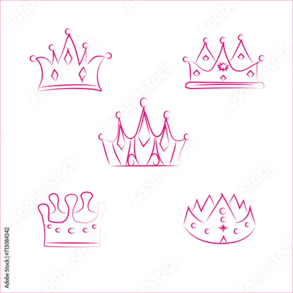 Obraz Doodle crowns. Line art king or queen crown sketch, fellow crowned heads tiara, beautiful diadem.