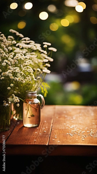 Fototapeta Wooden table spring nature bokeh background, empty wood desk product display mockup with green park sunny blurry abstract garden backdrop landscape ads showcase presentation. Mock up, copy space.